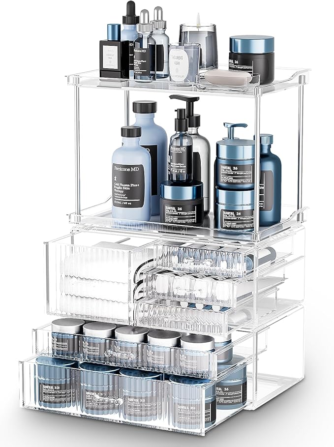 Acina Bathroom Countertop Organizers and Storage: 2-Tier 6-Drawer Makeup Organizer Countertop, Easy to Install, Ideal for Bathroom Storage, Vanity, Perfume, Large Skincare Items, Present, Clear-NeatNest