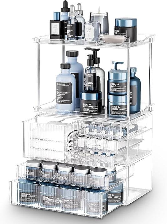Acina Bathroom Countertop Organizers and Storage: 2-Tier 6-Drawer Makeup Organizer Countertop, Easy to Install, Ideal for Bathroom Storage, Vanity, Perfume, Large Skincare Items, Present, Clear-NeatNest