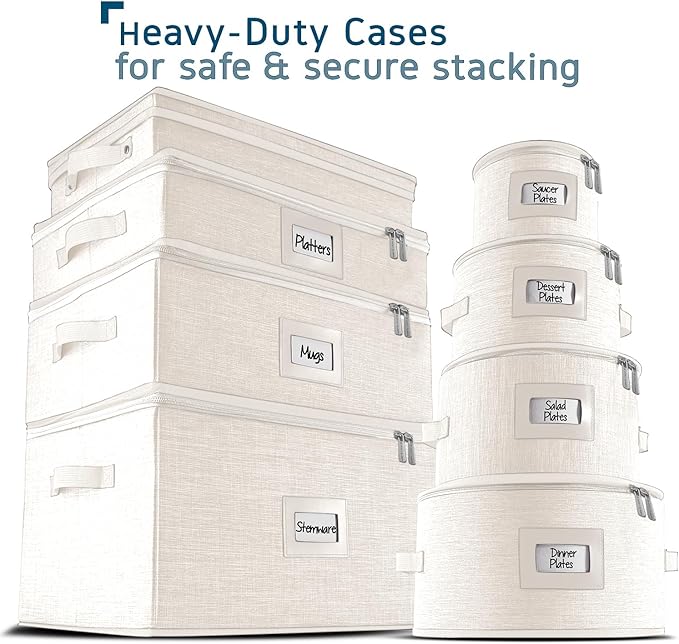 Hearth & Harbor Wine Glass Storage Box with Dividers, Quilted and Stackable Stemware Storage Cases, Service of 12 Glass China Container Hard Shell for Moving and Organization, Cream-NeatNest