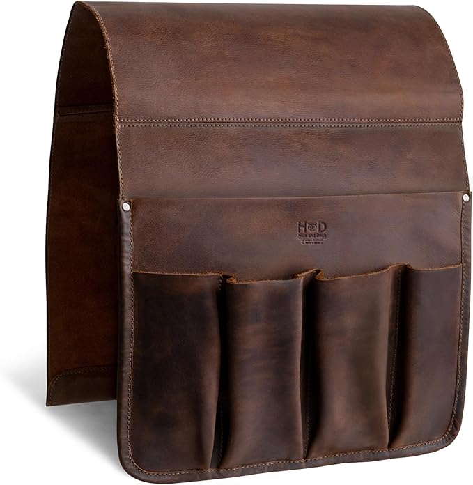 Hide & Drink, Remote Control and Magazine Holder, Sofa Armrest Organizer Pouch, Couch Potato Essentials, Armchair Caddy, Full Grain Leather, Handmade, Bourbon Brown-NeatNest