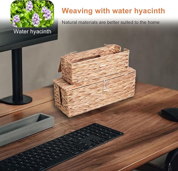 Cable Management Box, Cord Hider Organizer Box with Lid 2-Pack,2 Side Open Slots Handwoven Water Hyacinth Storage Box for Power Strips, Floor, Desk, Office