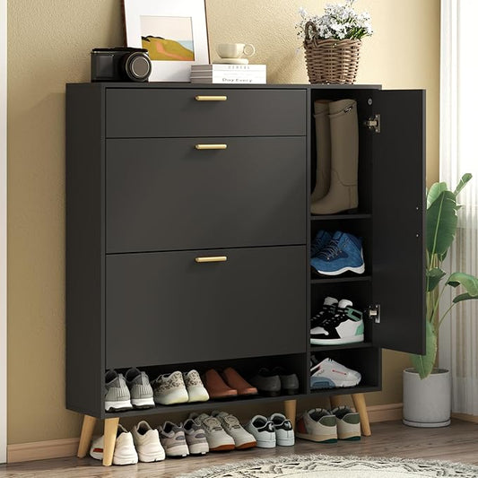 Shoe Storage Cabinets, 16 Pairs Free Standing Shoe Organizer with 2 Flip Drawers for Entryway, Narrow 3 Tier Entryway Hidden Shoe Rack with Doors (Upgraded Black)-NeatNest