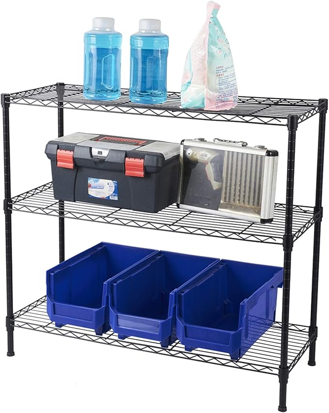 3 Tier Adjustable Storage Shelf Metal Storage Rack Wire Shelving Unit Storage Shelves for Pantry Closet Kitchen Laundry Bathroom (Black3-3-Tier)