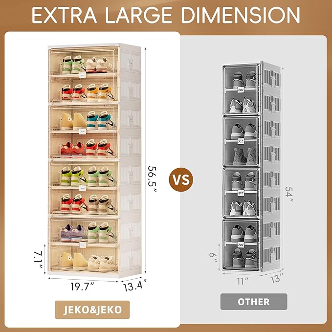 JEKO&JEKO 8 Tiers Foldable Shoe Rack Organizer Cabinet for Closet Entryway, Large Collapsible Shoe Storage Box with Magnetic Doors (White)-NeatNest