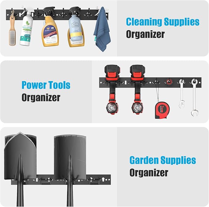 CCCEI 3 Modular Pegboard Strip Storage, Metal Peg Slat Wall Mount for Garage, Basement, Garden, Laundry Room Organization. Flexible Tool Organizer for Rake, Shovels, Crafting. Gifts for Men, Black.-NeatNest