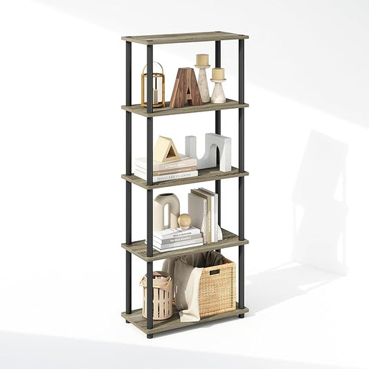 Furinno Turn-N-Tube 5-Tier Multipurpose Compact Bookcase, French Oak/Black-NeatNest
