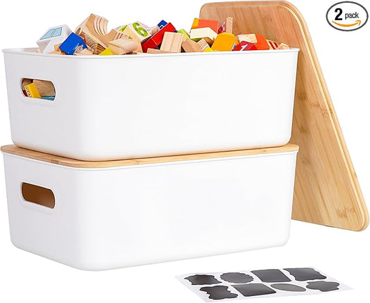 Citylife 2 PCS Storage Bins with Bamboo Lids Plastic Storage Containers for Organizing Stackable Storage Box with Handle, 15.12 x 10.67 x 5.98 inch-NeatNest