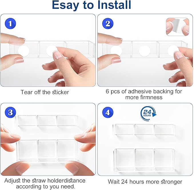 2 Pack Acrylic Straw Holder for Cabinet Door, 6" Clear Cabinet Straw Organizer with Double Sided Adhesive Tape and Sticker,Reusable Tumbler Organizer Storage for Kitchen Counter Cupboard