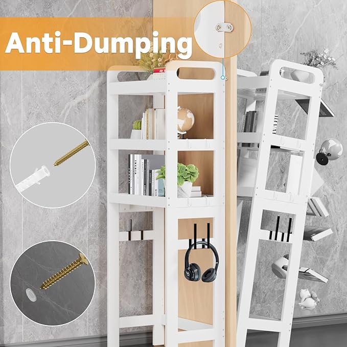 3 Tiers Over The Toilet Storage Shelf, Space Saver Bathroom Organizer Shelves with Toilet Paper Holder and Hooks, Freestanding Toilet Rack for Washroom Balcony (White)