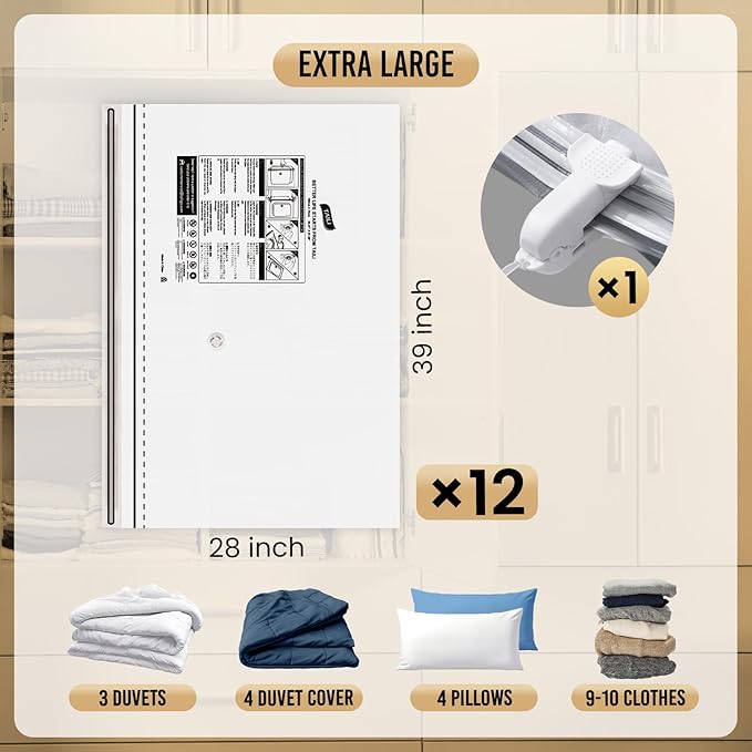 TAILI 12 Pack Vacuum Storage Bags, LONG SIDE ZIP (39x28 inch) Vacuum Seal Bags for Clothing, Jumbo Storage Space Saver for Beddings, Comforters, Blanket, Pillows and Clothes-NeatNest