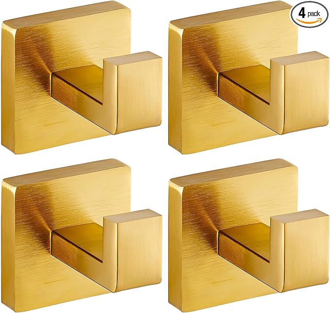 Brushed Gold Towel Hooks for Bathrooms, Heavy Duty Wall Mounted Stainless Steel Modern Hook, 4 Pack – Ideal for Hanging Towels, Robes, Coats, in Kitchen, Bedroom, Bathroom, or Hotel-NeatNest