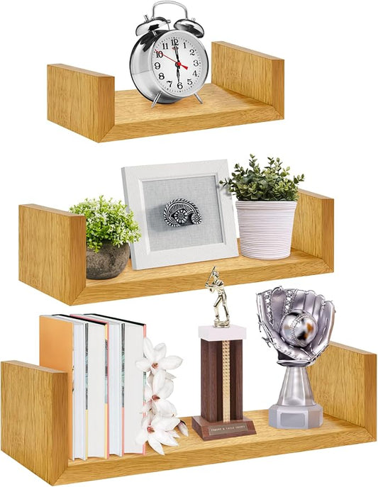 100% Solid Wood Floating Shelves Perfect for Bathroom Décor Set of 3 Wooden Wall Shelves for Bedroom Living Room Kitchen Simple Minimalist Home Décor-NeatNest