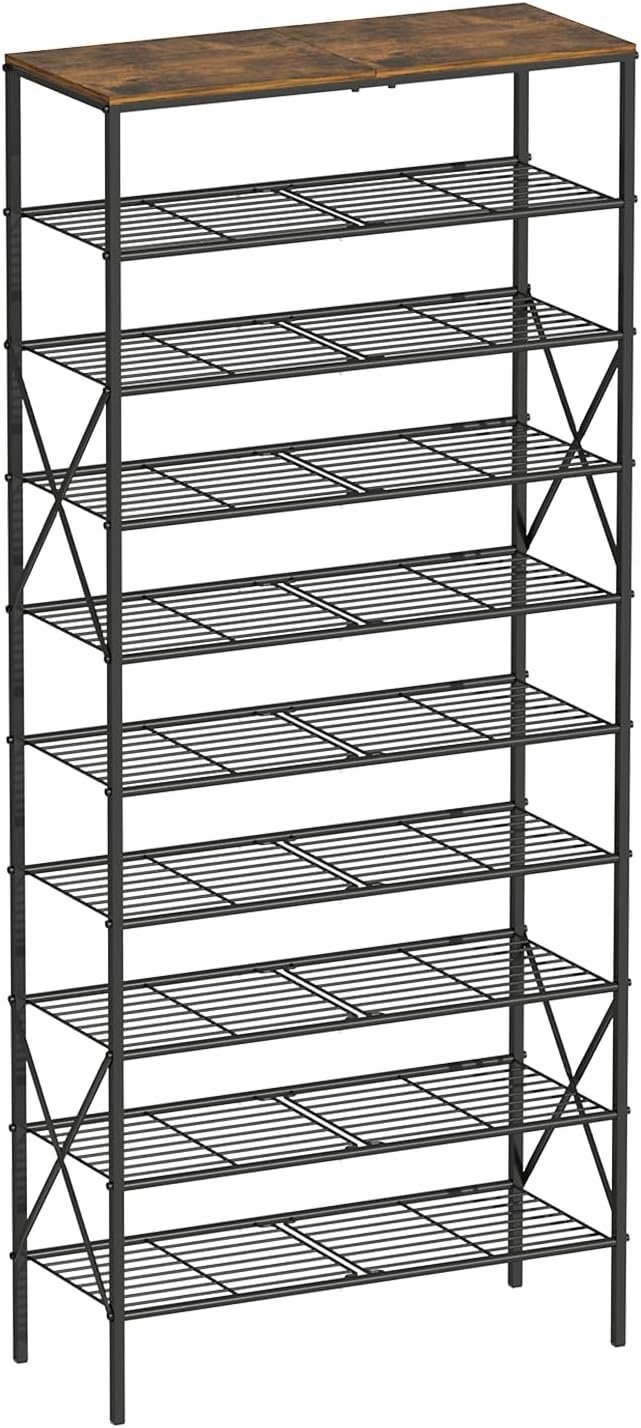 10-Tier Shoe Rack 40 Pairs, Space Saving Organizer for Entryway/Closet/Apartment, Industrial Metal Shelf with Rustic Brown Top-NeatNest