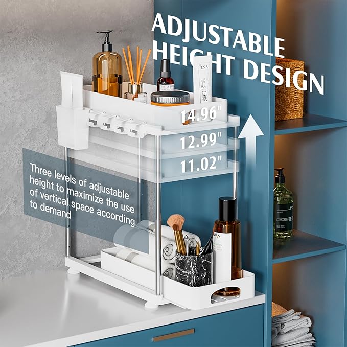 2 Pack Under Sink Organizers and Storage, Double Sliding Kitchen Cabinet Organizer, 2 Tier Height Adjustable Countertop Organizer for Kitchen Bathroom Laundry, White-NeatNest
