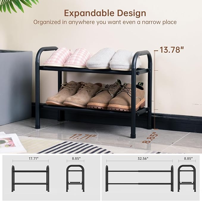 Gonfoam 2-Tier Expandable Shoe Rack,Adjustable Shoe Shelf Storage Organizer Heavy Duty Metal Free Standing Shoe Rack for Entryway Closet Doorway (Black)-NeatNest