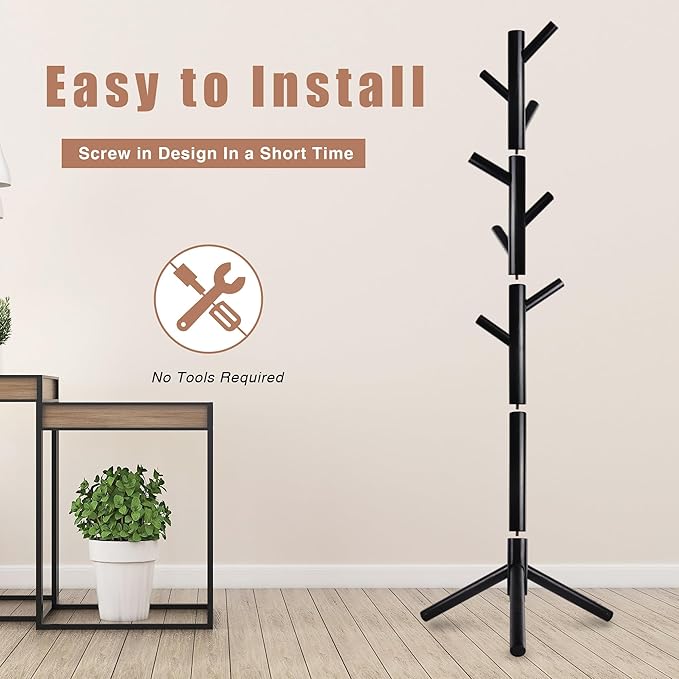 Wooden Coat Rack, Free Standing Coat Rack with 8 Hooks 3 Adjustable Heights for Clothes, Hats, Handbags, Coat Tree Easy Assembly for Entryway, Bedroom, Hallway, Office (New Black)-NeatNest