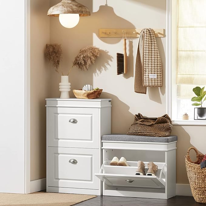 Haotian White Hallway Shoe Bench, Narrow Shoe Rack Entryway, Small Shoe Cabinet with 1 Flip-Drawer and Seat Cushion, FSR82-K-W-NeatNest