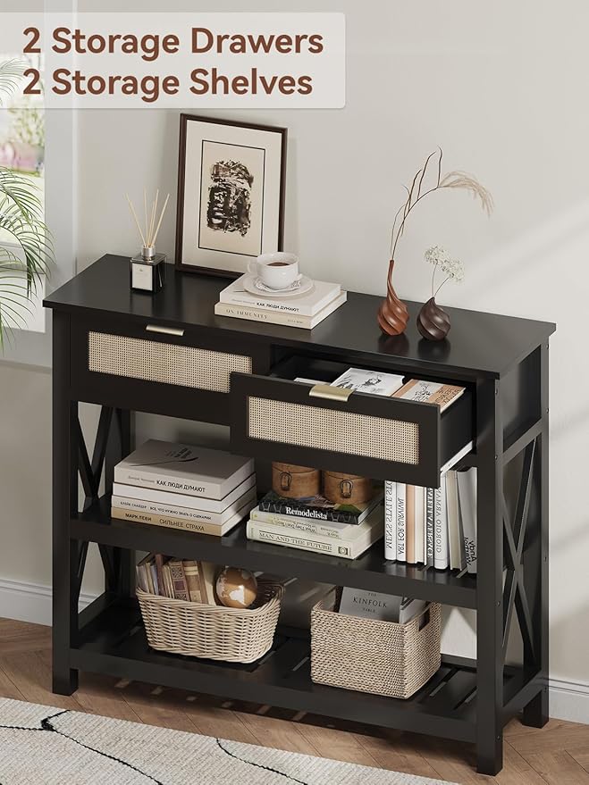 Console Table with 2 Rattan Drawers, Wooden Entryway Table with 3-Tier Storage Shelves, Display Shelf for Entryway, Hallway, Foyer and Living Room, Black-NeatNest