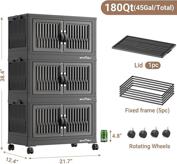 180Qt Stackable Storage Bins with Lid, Extra Large Closet Organizer Collapsible Drawer Boxes with Wheels, Folding Plastic Cabinet Containers for Home Kitchen Room Organization, 3Pack Black