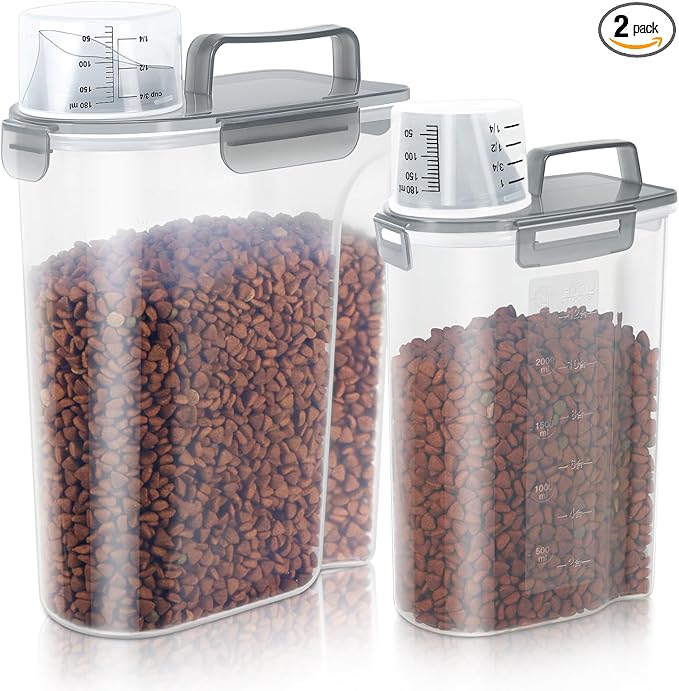 Cat Dog Food Storage Container, Upgraded Large Nozzle BPA-free, 3&5lbs Plastic Pet Food Storage Containers, With 4 Sealed Clasps, 1 Measuring Cup and Handle, Easy to Clean and Carry -Clear Grey 2Pack-NeatNest