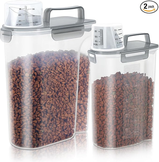 Cat Dog Food Storage Container, Upgraded Large Nozzle BPA-free, 3&5lbs Plastic Pet Food Storage Containers, With 4 Sealed Clasps, 1 Measuring Cup and Handle, Easy to Clean and Carry -Clear Grey 2Pack-NeatNest