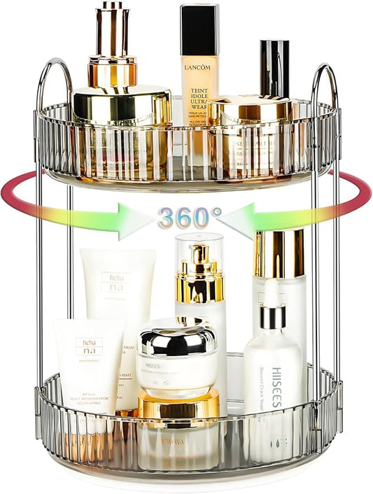 360 Rotating Makeup Organizer, 2 Tier Lazy Susan Bathroom Organizer, Easy to Install, Ideal Storage for Perfume, Skincare, Cosmetic, Dresser or Vanity Countertop (Classic Grey, 2 Tier)-NeatNest
