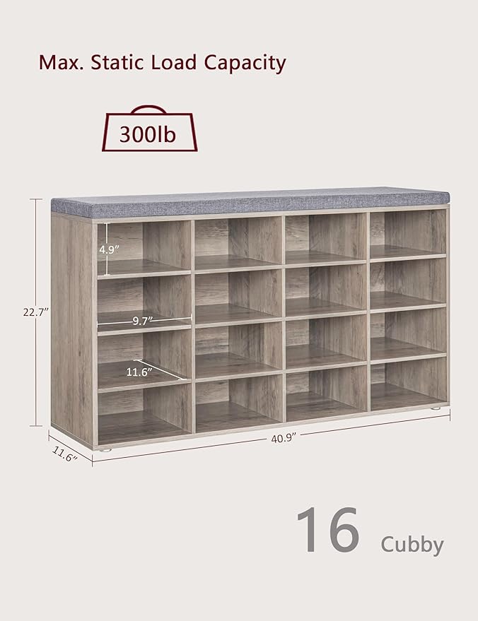 DINZI LVJ Shoe Storage Bench with Cushion, 16-Cubby Shoe Rack, Adjustable Shelves, Multifunctional Shoe Organizer Bench for Entryway, Mudroom, Hallway, Living Room, Bedroom and Garage, Greige-NeatNest