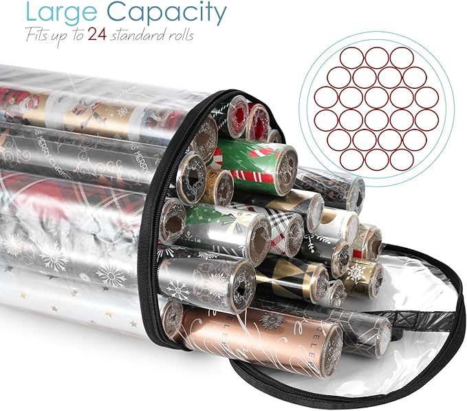 Hearth & Harbor Wrapping Paper Storage Container - Clear Wrapping Paper Holder Fits Up To 14 Rolls of 40" - Tear Proof Gift Wrapping Organizer Storage - Premium Christmas Storage Bag For Easy Carrying-NeatNest
