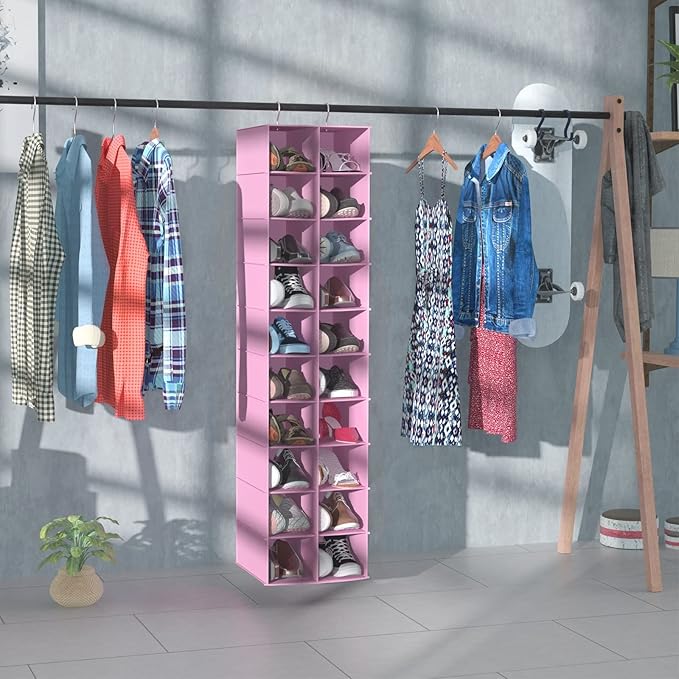 coastal rose Hanging Shoe Organizer for Closet, 20 Sections Hanging Closet Organizers and Storage Shelves, Space Saving Shoe Storage Rack Holder, Pink, 12''W×12''Dx 50''H-NeatNest