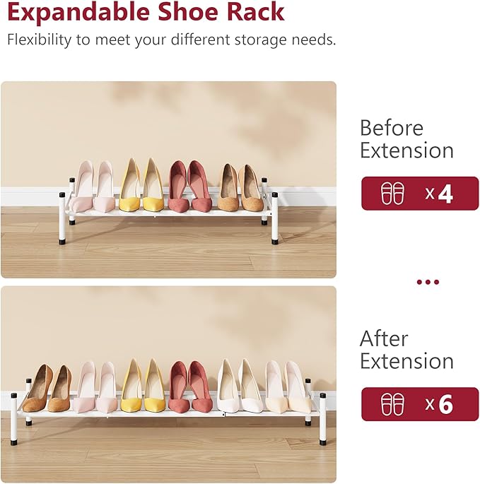 Tajsoon Expandable Shoe Rack for Closet 1 Tier, 28“-41“Adjustable & Stackable Shoe Shelf Storage, Metal Shoe Rack Organizer for Front Door Entrance, Closet, Garage, Entryway, White-NeatNest