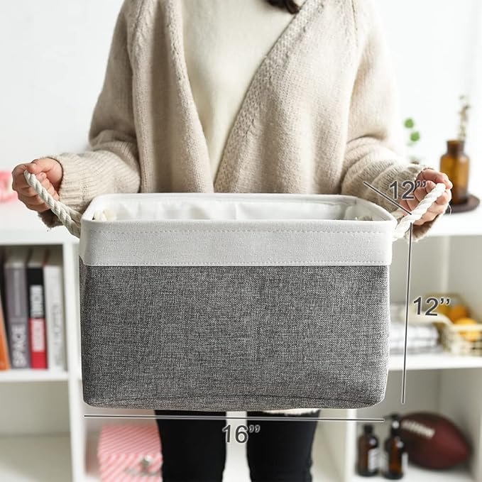 TheWarmHome Organization and Storage Basket for Organizing - 3 Pack 16x12x12 inch Cube Storage Bin Fabric Storage Cubes for Organizer Cloth Gift Toy Closet (White & Grey)-NeatNest