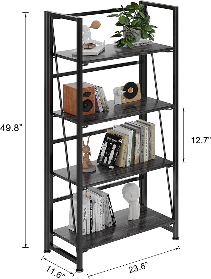 BHG Vintage Multifunctional Folding Bookshelf, No-Assembly Plant Stand Storage Rack Shelves for Home Office (Gray, 4-Tier)-NeatNest