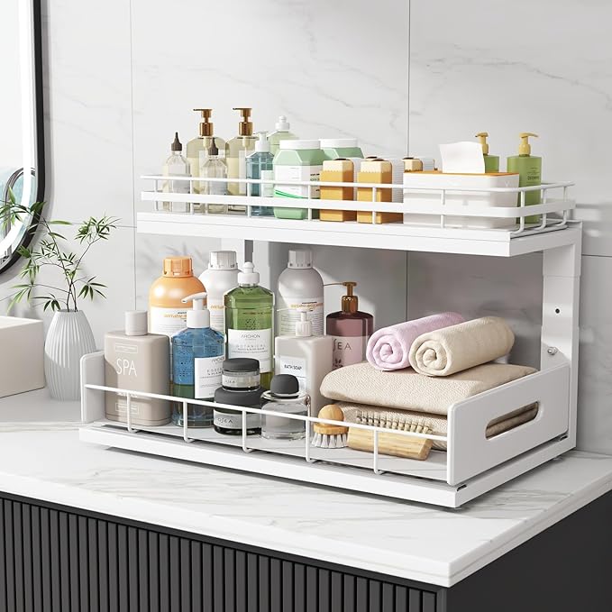 2 Pack 18 IN Depth Under Sink Organizer with Smooth Ball Bearing Slides,2-Tier Pull Out Cabinet Storage,Slide Out Drawers for Bathroom&Kitchen,Rust-resistant Coating,Height Adjustable-White-NeatNest