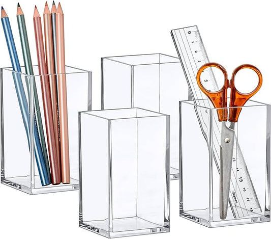 Amazing Abby - Penelope - 4-Pack Pen Holder, Acrylic Pen Holder, Clear Plastic Organizer for Office Supplies, Perfect Office Desktop Storage Solution for Pencils, Pens, Markers, Scissors, and More-NeatNest