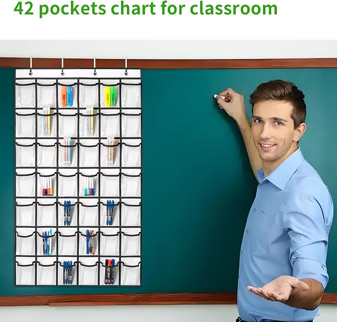 42 Clear Pockets Classroom Pocket Chart for Cell Phones and Calculator, Pocket Chart Organizer for Classroom Phone Storage Holder with 42 Number Sticker and Hooks (White)-NeatNest