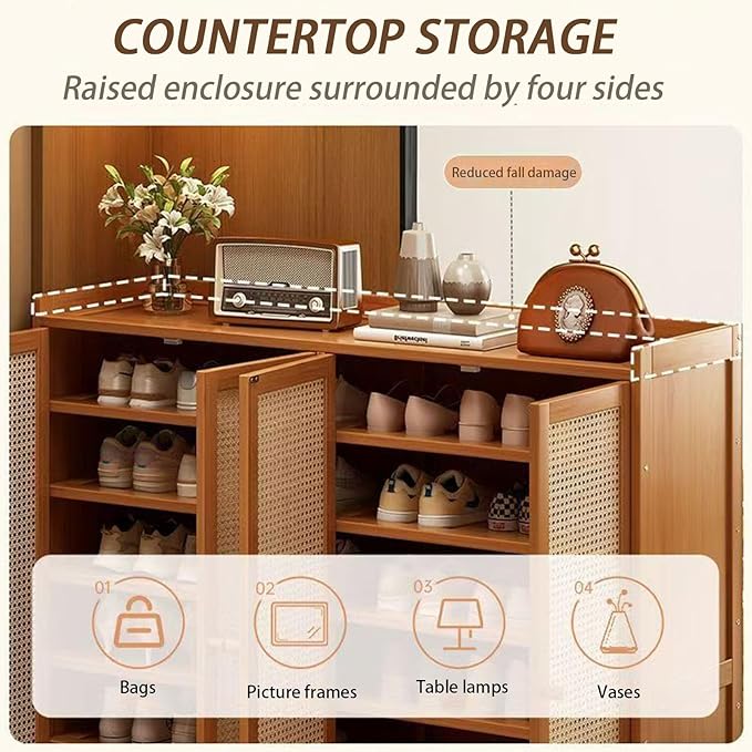 Bamboo Shoe Cabinet, 8-Tier Shoe Storage Cabinet with Doors, Freestanding Bamboo Shoe Rack Organizer with Shelves for Entryway, Hallway, Closet, Living Room (Brown-5)
