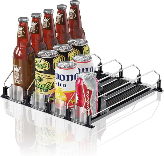 Drink Organizer for Fridge,12oz 16oz 20oz - Soda Can Dispenser for Refrigerator,Width Adjustable,Automatic Pusher Glide (Black, 15"D 4ROW, Holds 20 Cans)