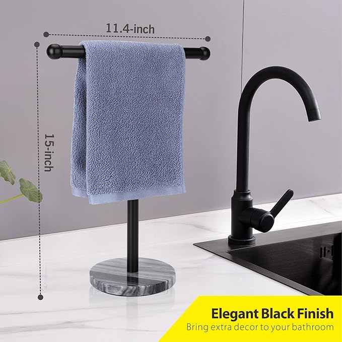 Black Hand Towel Holder Stand with Heavy Marble Base, T-Shape Towel Rack, Free-Standing for Bathroom Vanity Countertop, 304 Stainless Steel (Black)-NeatNest