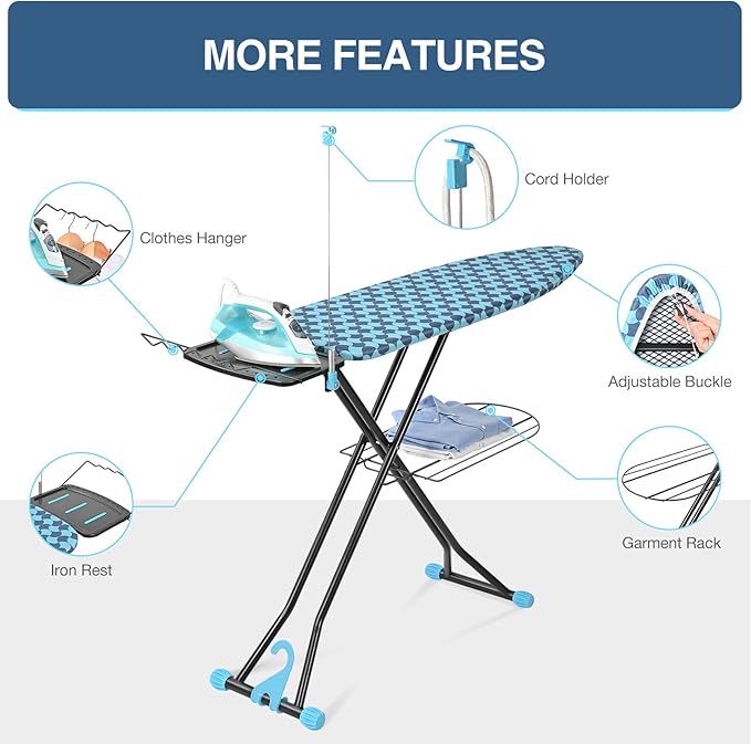 APEXCHASER Ironing Board, Foldable Iron Board with Iron Rest, Metal Panel Ironing Board, Adjustable Height Heavy Duty Irons Board with Germent Rack, Heat & Scorch Resistant Cover, 13x43 Blue