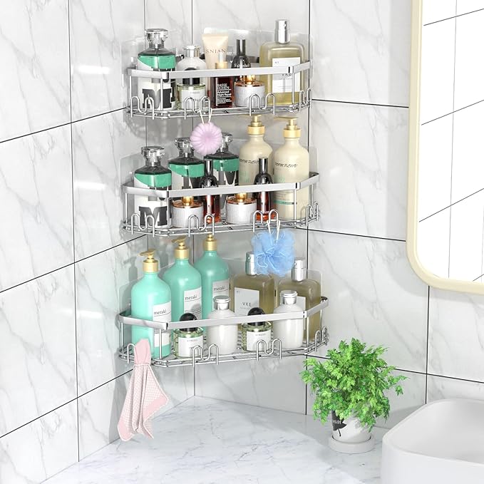 STEUGO Corner Shower Caddy, 3 Pack Adhesive Shower Corner Organizer Shelves, No Drilling Stainless Steel Shower Storage Rack with 12 Hooks for Bathroom, Dorm and Kitchen(Silver).