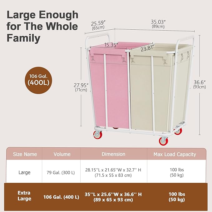 Hoctieon 2 Section Laundry Sorter Cart, 400L Rolling Hamper with Wheels, Industrial Laundry Basket Organizer, Extra Large Dirty Clothes Hamper for Home & Hotel, Heavy Duty, Pink+Beige-NeatNest