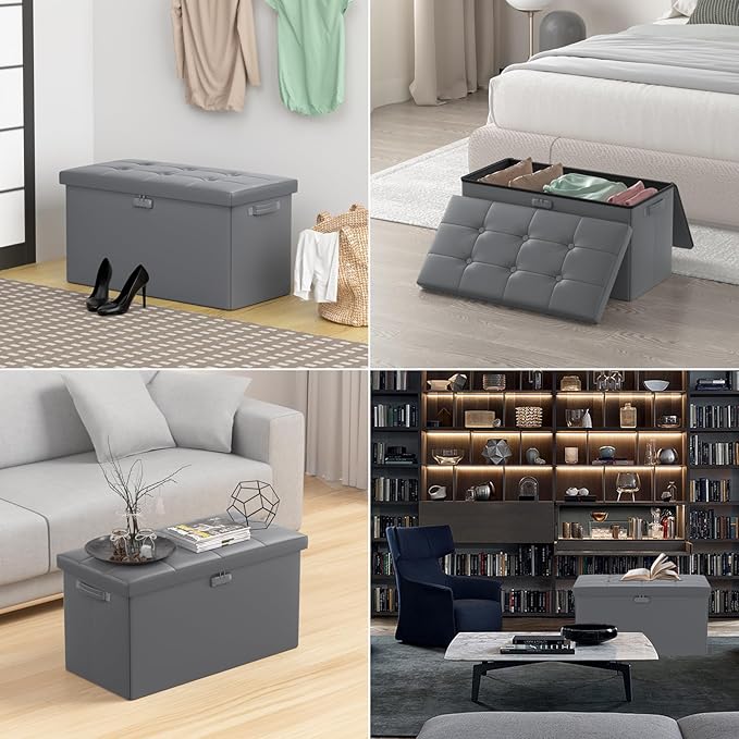 DocSafe Storage Ottoman Bench with Lock,Fireproof 30 Inches Folding Bench Foot Rest Stool Storage Chest Safe for Living Room,Bedroom,Home Office,Waterproof Leather Ottoman with Handles,Gray-NeatNest
