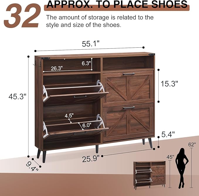 Shoe Storage Cabinet,Farmhouse Shoe Organizer with 4 Flip Drawers & Barn Door Design,Freestanding Hidden Slim Narrow Shoe Rack Cabinet with Open Shelves for Entryway,Foyer,Hallway,Walnut-NeatNest