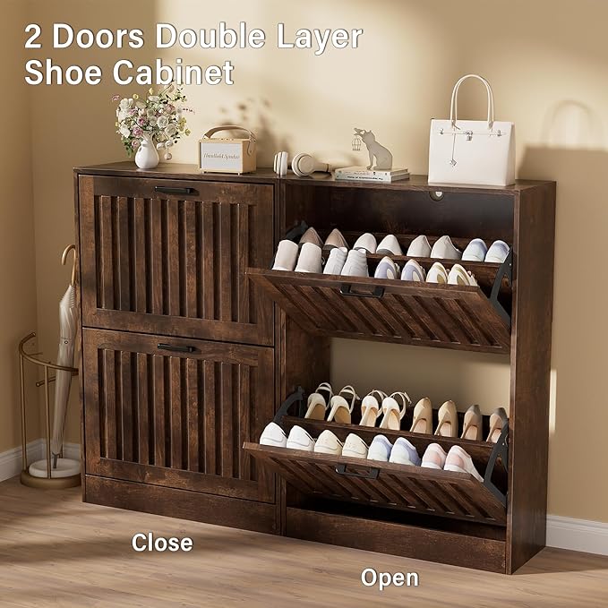Shoe Storage Cabinet for Entryway with 2 Flip Drawers, Wooden Shoe Organizer with Adjustable Shelf, Freestanding Wood Fluted Panel Shoes Cabinet Closed Shoe Rack for Hallway, Foyer, Walnut-NeatNest