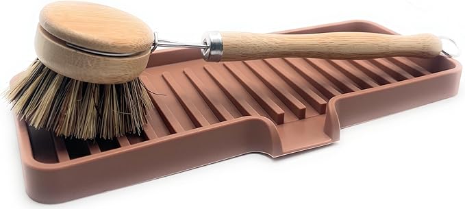 Happitasa Silicone Soap Dish Tray and Sponge Holder with Drain Chute | Bathroom and Kitchen Sink Organizer Caddy (Mocha, 9"x3.5", 5.6 Ounces)-NeatNest