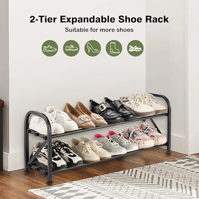 2-Tier Shoe Rack for Closet, 16"-33" Expandable ShoeRack, Adjustable for Entryway Closet Doorway SturdyMetal, Black