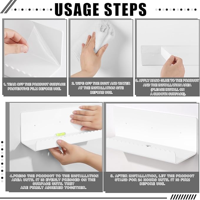 2 Pack Acrylic Wall Floating Shelves, White Adhesive Organizer, 11.8“ Acrylic Floating Bookshelves, Wall Display Shelve for Bedroom, Gaming Room, Living Room, Bathroom, Office-NeatNest