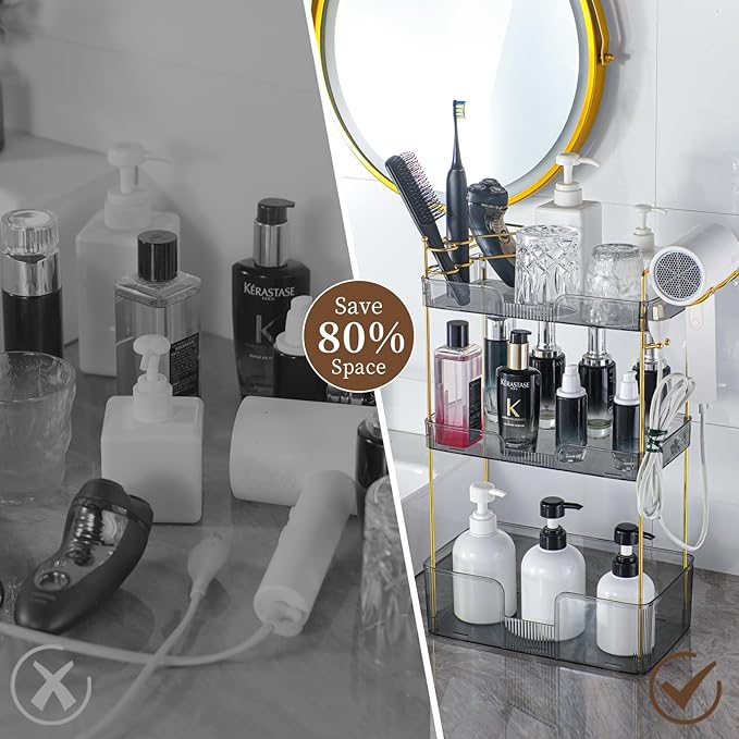 YCIA&DONE Bathroom Counter Organizer, Large Makeup Organizer Countertop, Shelf Storage, Vanity Tray, Easily Assemble for Bathroom Organizers and Storage, Undersink, Cabinet, 3 Tiers Grey-NeatNest