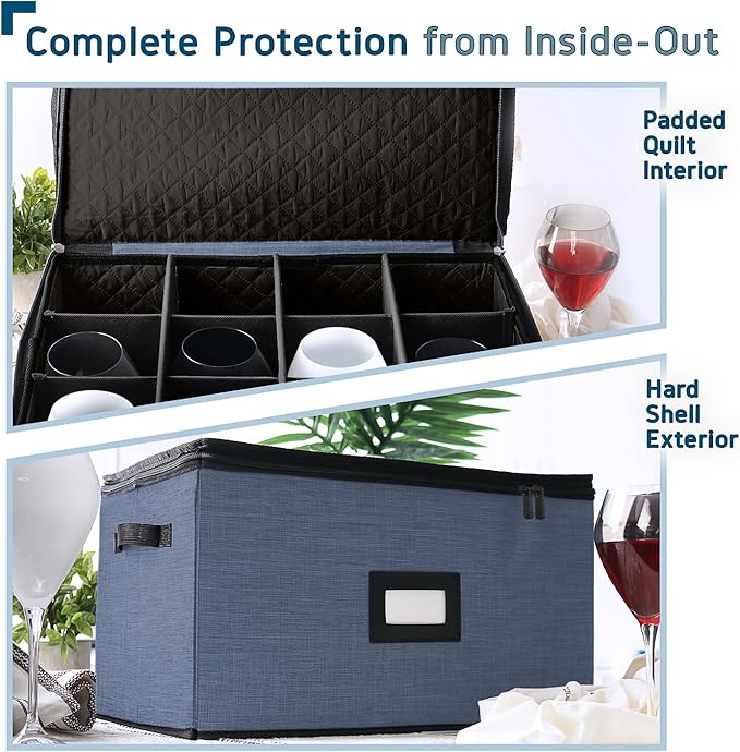 Hearth & Harbor Wine Glass Storage Box with Dividers, Quilted and Stackable Stemware Storage Cases, Service of 12 Glass China Container Hard Shell for Moving and Organization, Blue-NeatNest