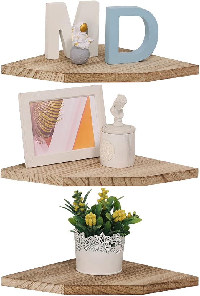 Joiishom Corner Wall Shelf Set of 3, Floating Corner Shelves, Rustic Wood Wall Storage Display Shelves for Living Room, Bedroom, Bathroom, Kitchen (Fanshaped-Carbonized)-NeatNest
